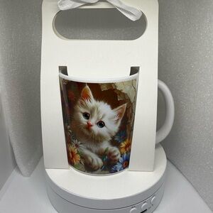 Adorable White Kitten Mug with Floral Design